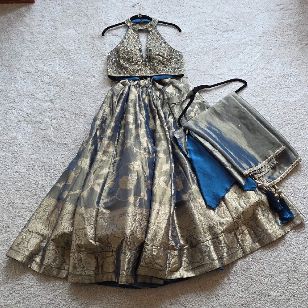 Prussian Blue and Gold Two Toned Tissue Floral Woven Halter Crop Top Lehenga